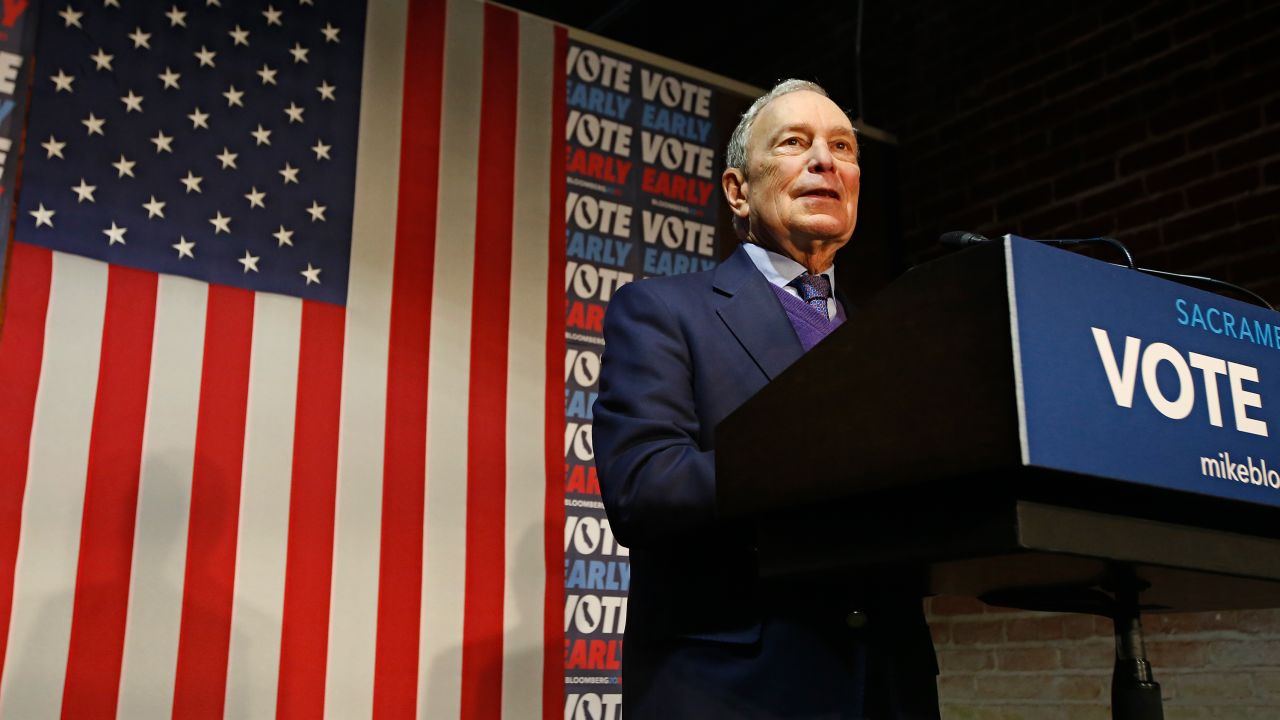  Bloomberg addresses supporters during a campaign stop in Sacramento, California.