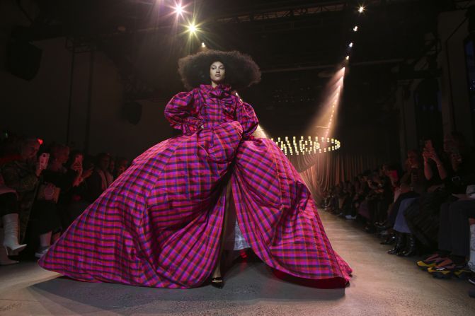 A model presents a creation by Christopher John Rogers during New York Fashion Week at Spring Studios on February 8, 2020 in New York City.