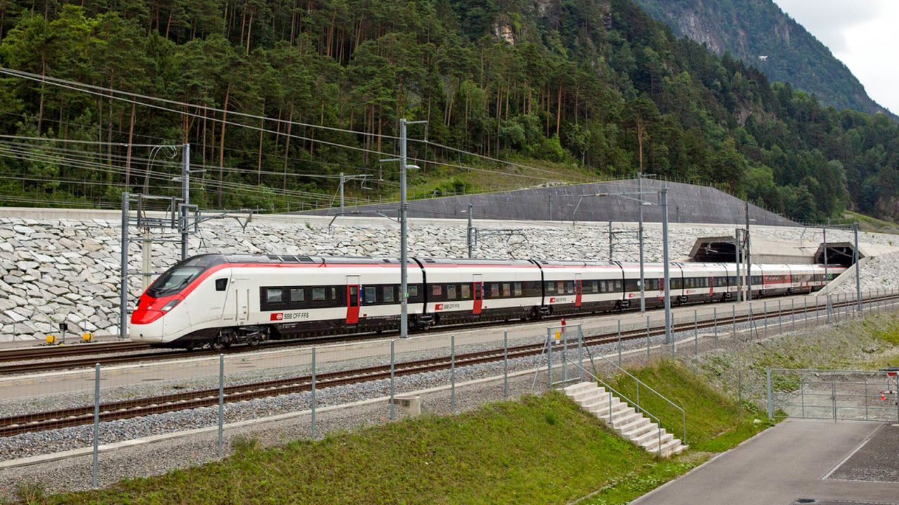 A Swiss Federal Railways Giruno train, built for the new Gotthard services, emerges from the northern portal of the 35-mile base tunnel.