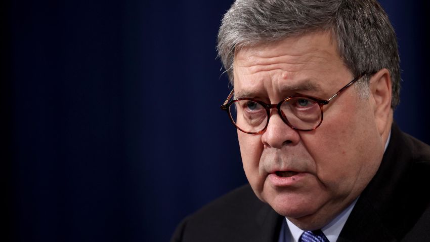 Attorney General William Barr speaks during a press conference on the shooting at the Pensacola naval base January 13, 2020 in Washington.