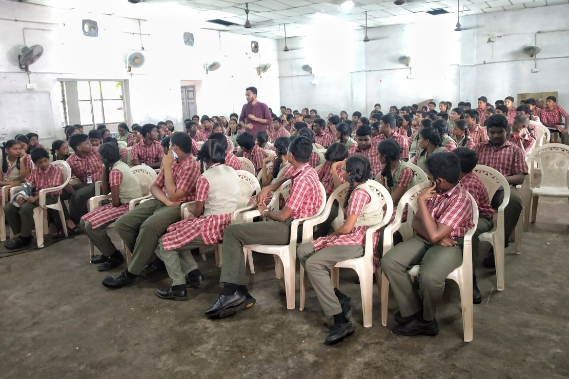 Co-founder of Red Cycle, Arjun Unnikrishnan, stands as he gives an awareness session about menstrual hygiene in St Thomas Matriculation Higher Secondary School in Chennai, Tamil Nadu. 