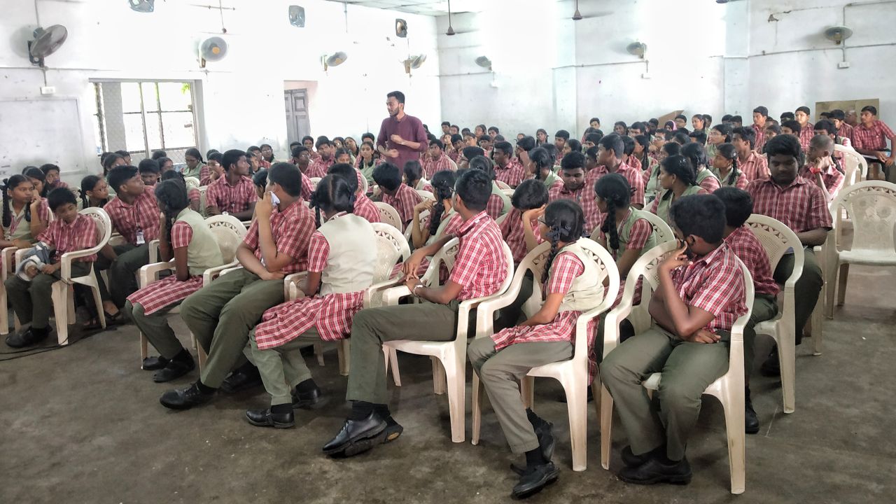 Co-founder of Red Cycle, Arjun Unnikrishnan, stands as he gives an awareness session about menstrual hygiene in St Thomas Matriculation Higher Secondary School in Chennai, Tamil Nadu.