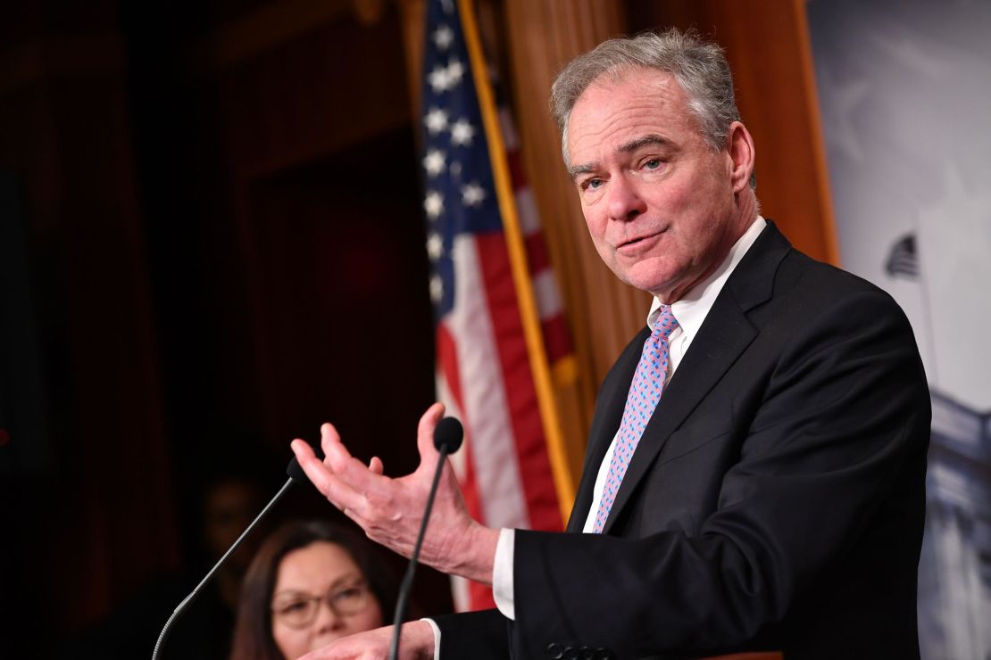 Kaine speaks following the Senate voted on the War Powers resolution, at the US Capitol in Washington, DC on Thursday.