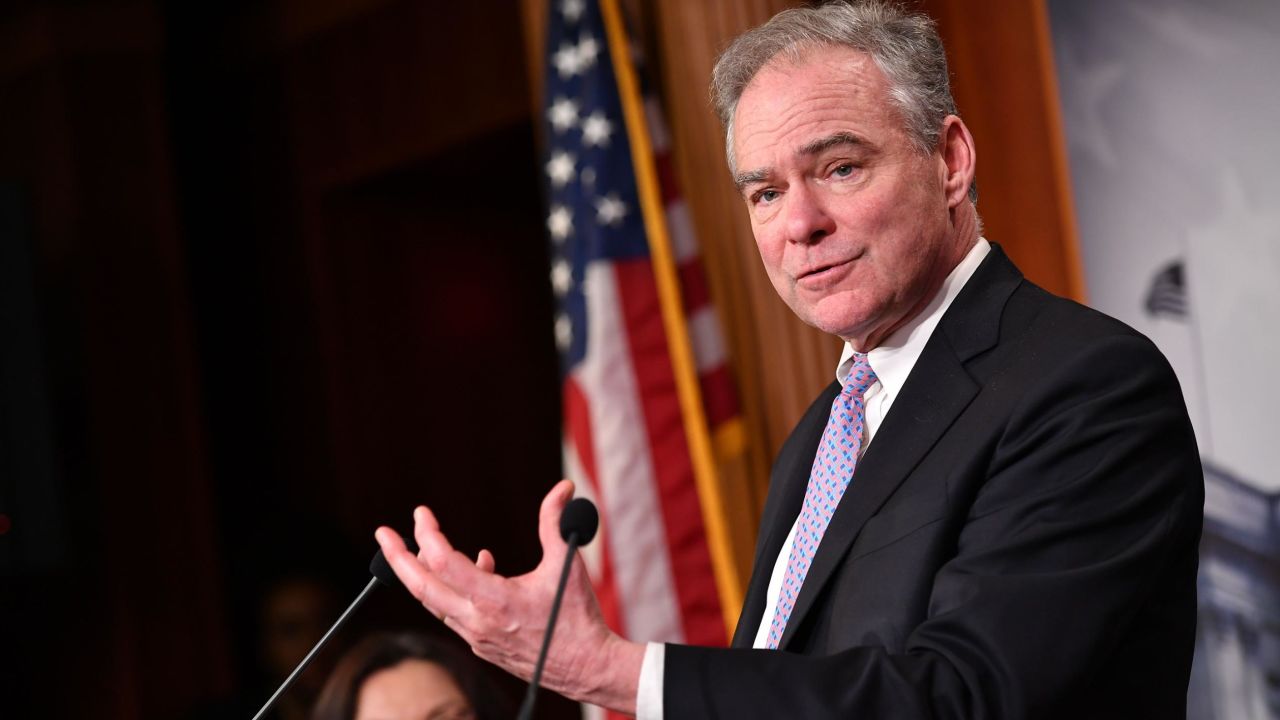 Kaine speaks following the Senate voted on the War Powers resolution, at the US Capitol in Washington, DC on Thursday.