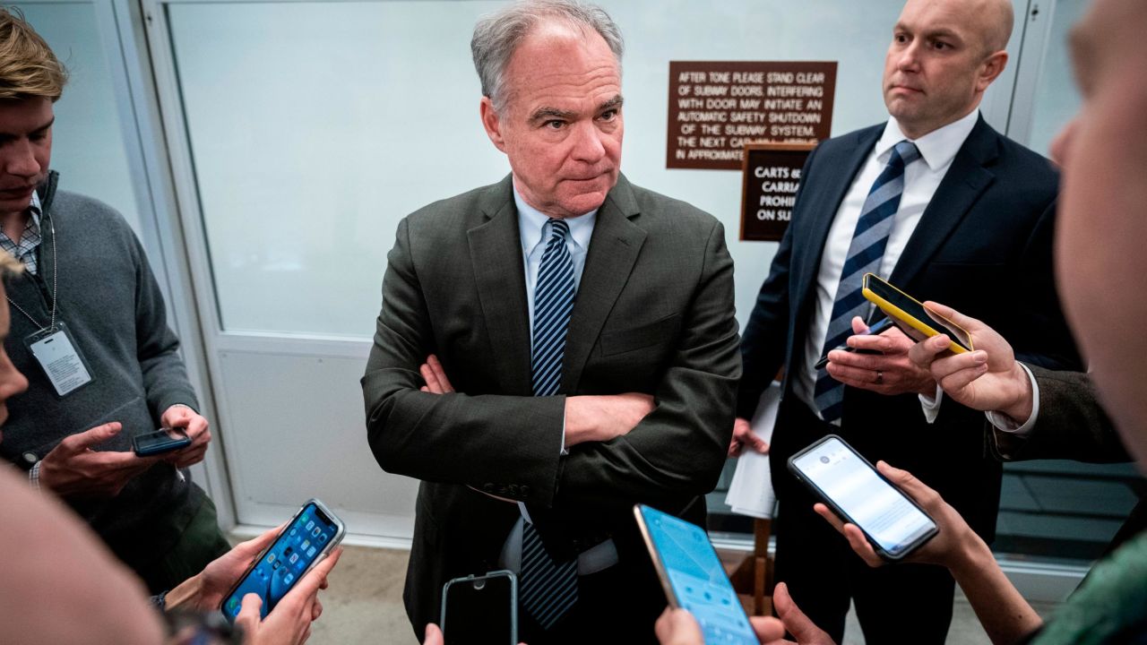 Sen. Tim Kaine, a Virginia Democrat, speaks with reporters in the Senate Subway at the US Capitol in January. 