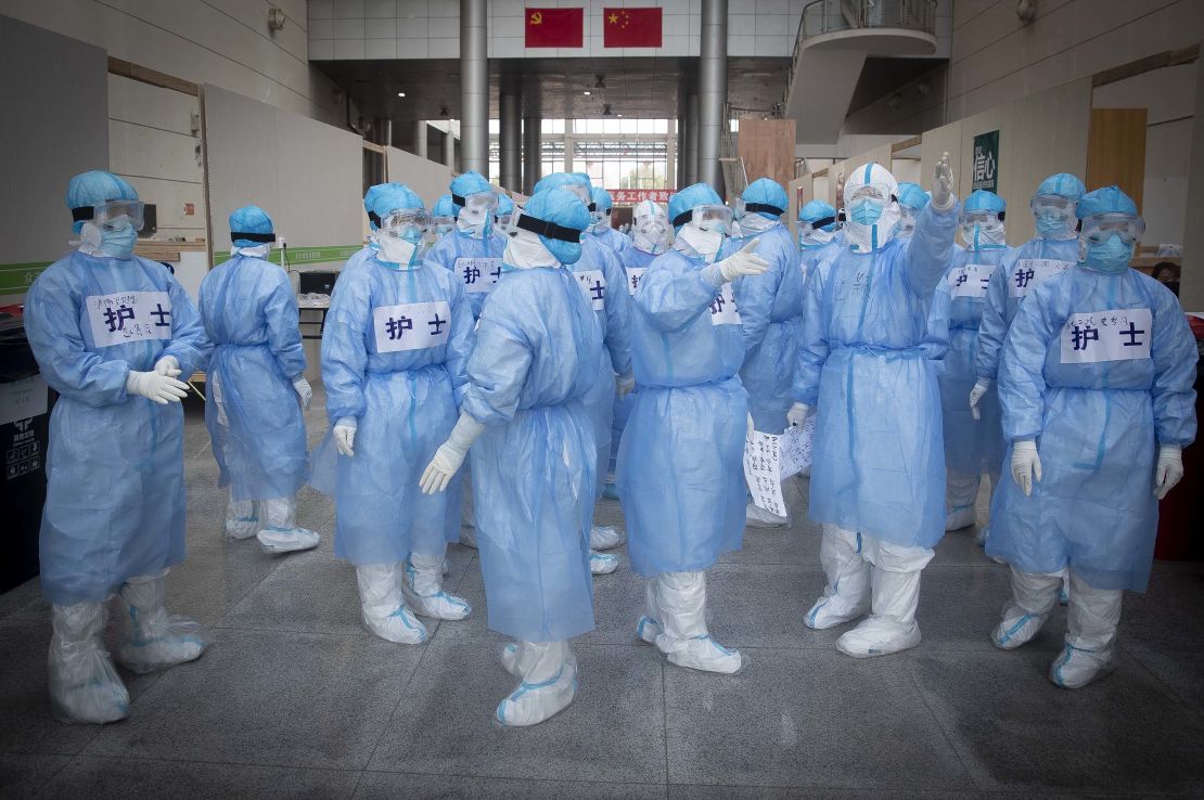 Nurses gather in a hospital in Wuhan City on February 12.
