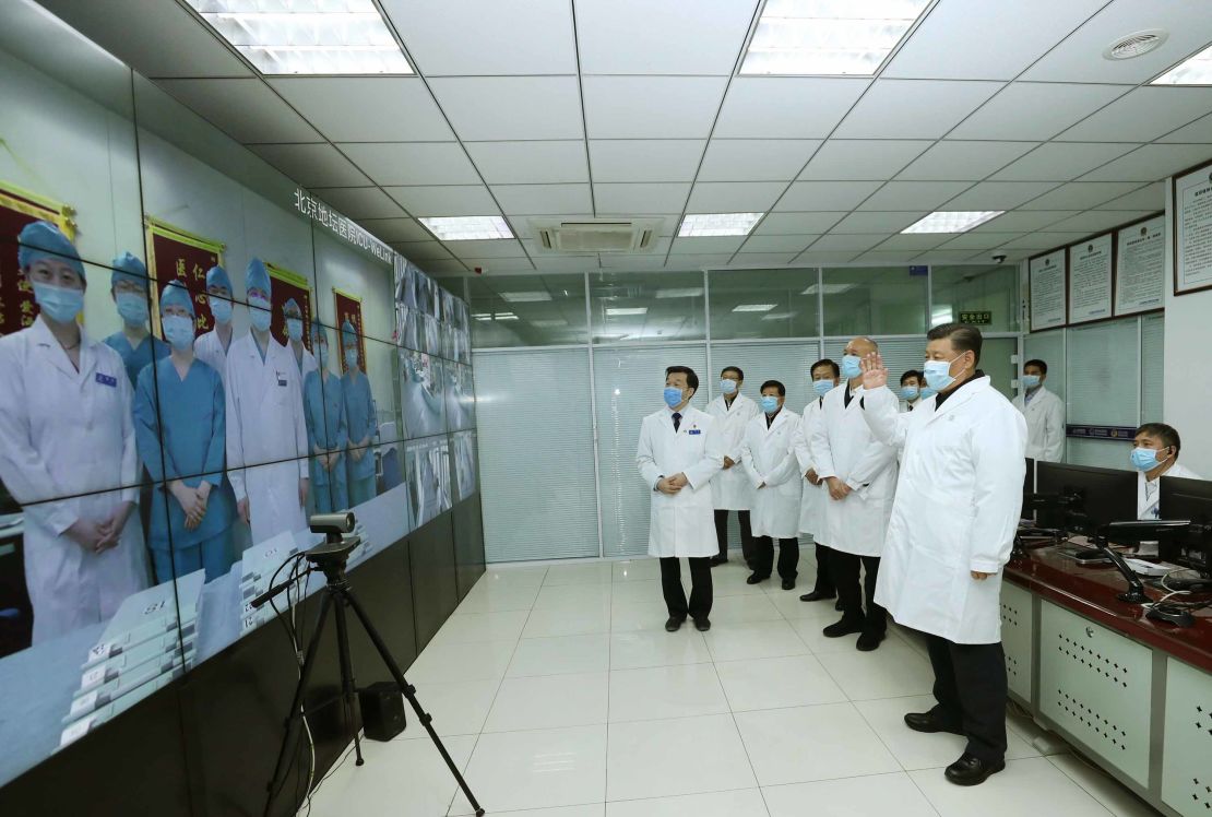 Chinese President Xi Jinping talks to medical staff on duty via a video link at Beijing Ditan Hospital in Beijing on Febuary 10.