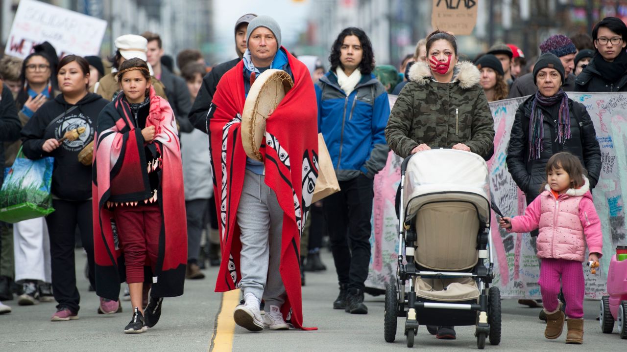 People demonstrating in solidarity with the Wet'suwet'en Nation walk in downtown Vancouver, British Columbia, on Wednesday,