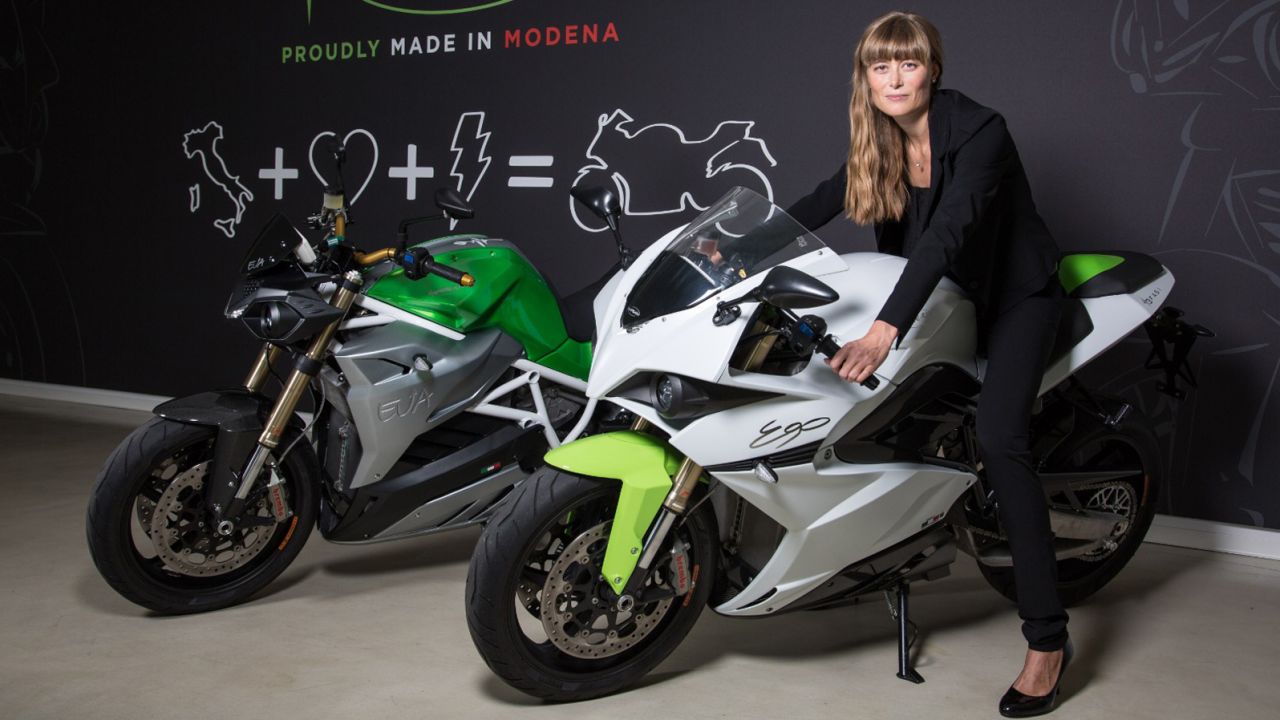 Cevolini sits on one of her company's Energica motorcycles.
