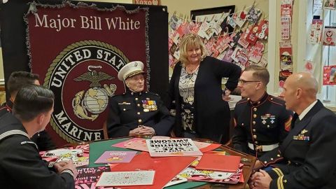 Maj. Bill White sitting with other veterens on Valentine's Day. 