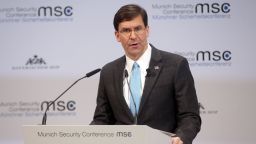MUNICH, GERMANY - FEBRUARY 15: Mark Esper, US secretary of defense delivers a speech at the 2020 Munich Security Conference (MSC) on February 15, 2020 in Munich, Germany. The annual conference brings together global political, security and business leaders to discuss pressing issues, which this year include climate change, the US commitment to NATO and the spread of disinformation campaigns. (Photo by Johannes Simon/Getty Images)