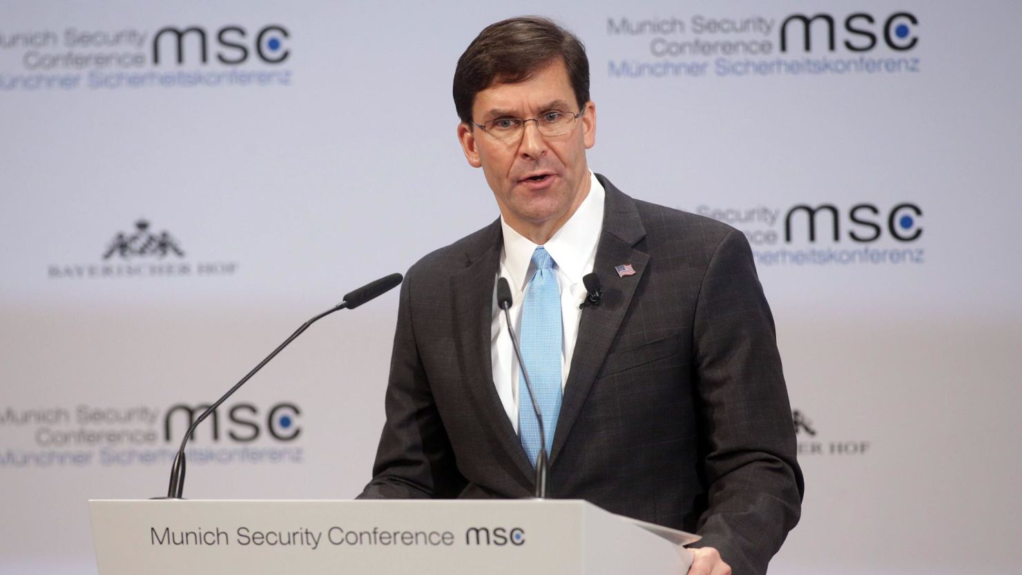 US Secretary of Defense Mark Esper speaks at the Munich Security Conference on February 15 in Munich, Germany.