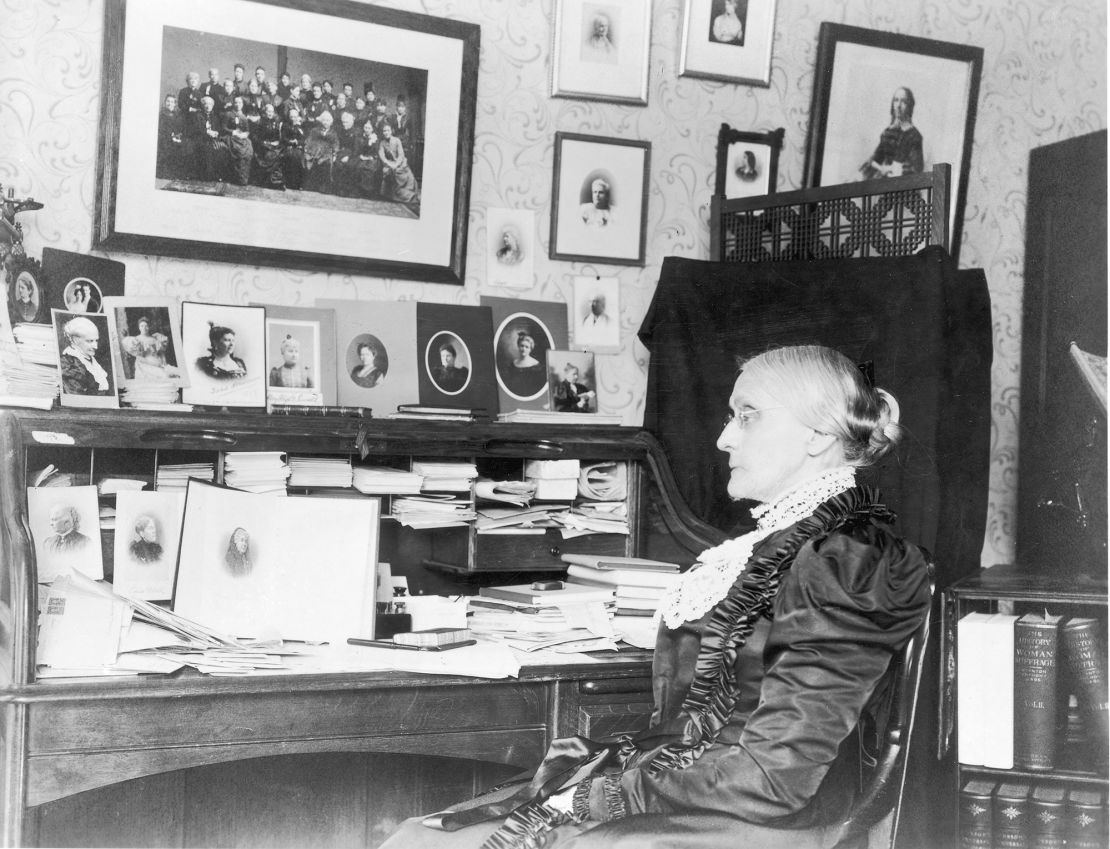 Portrait of Susan B. Anthony sitting at a desk, circa 1868.
