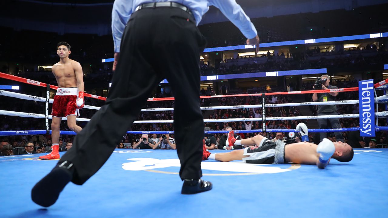  Ryan Garcia walks away after knocking out  Francisco Fonseca in the first round on February 14, 2020. 