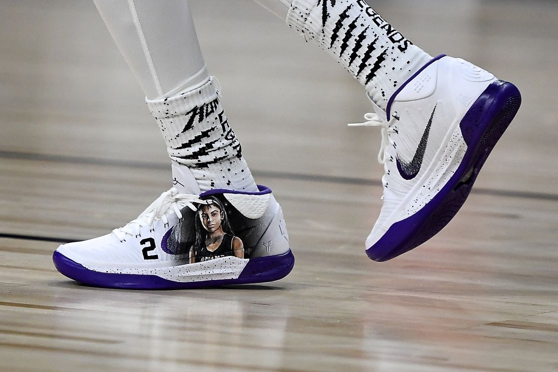 Nike sneakers featuring a tribute to Kobe and Gianna Bryant worn by Quavo during the 2020 NBA All-Star Celebrity Game.