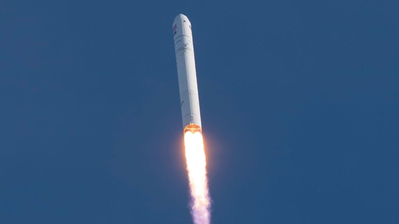 An Antares rocket with the Cygnus resupply spacecraft onboard heads to the International Space Station after launching from NASA's Wallops Flight Facility in Virginia on Saturday, February. 15, 2020.