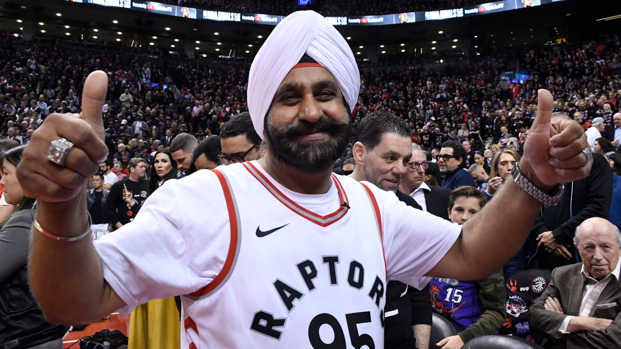 Toronto Raptors fan Nav Bhatia gives a thumbs-up before Game 1 of the 2019 NBA Finals in Toronto between the Golden State Warriors and the Toronto Raptors on Thursday, May 30, 2019.