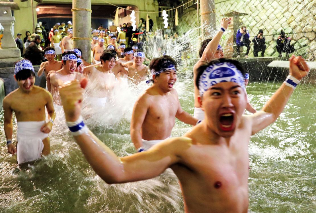 Men in loincloths bathe in cold water to purify their souls as part of the "Hadaka Matsuri" (Naked Festival) at Saidaiji Temple on February 15, 2020 in Okayama, Japan. 