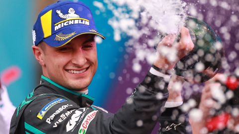 Evans celebrates winning the fourth race of the season.