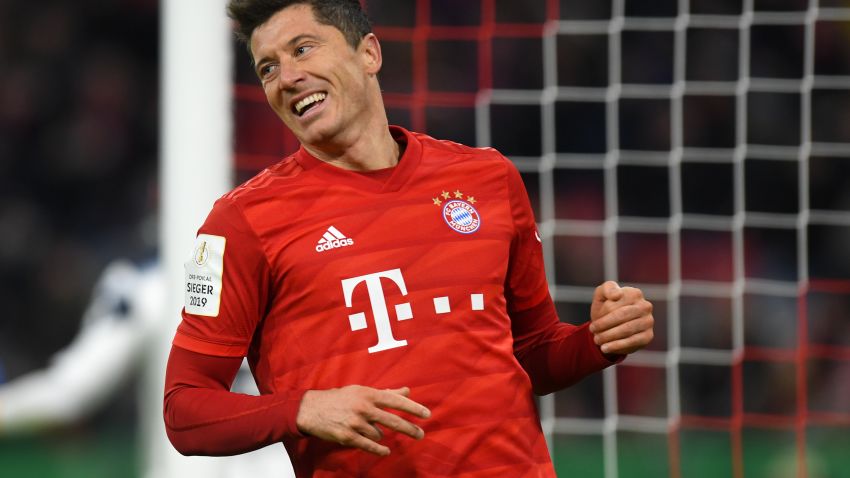 Bayern Munich's Polish forward Robert Lewandowski reacts during the German Cup (DFB Pokal) round of 16 football match FC Bayern Munich v TSG 1899 Hoffenheim in Munich, southern German on February 5, 2020. (Photo by Christof STACHE / AFP) / DFB REGULATIONS PROHIBIT ANY USE OF PHOTOGRAPHS AS IMAGE SEQUENCES AND QUASI-VIDEO. (Photo by CHRISTOF STACHE/AFP via Getty Images)