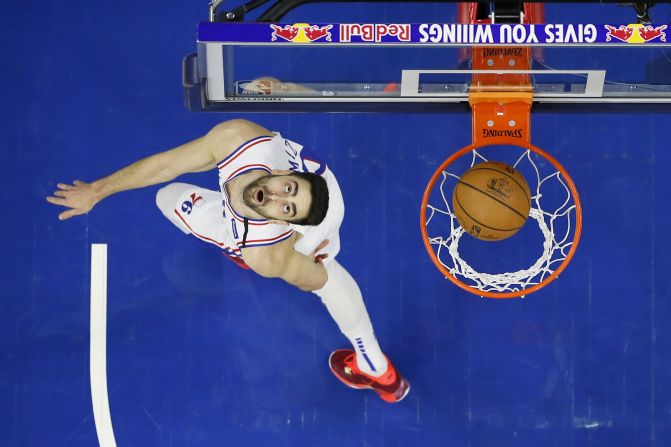 Philadelphia 76ers' Furkan Korkmaz watches his shot go through the basket during the first half of an NBA basketball game against the Chicago Bulls in Philadelphia, on Sunday, February 9.