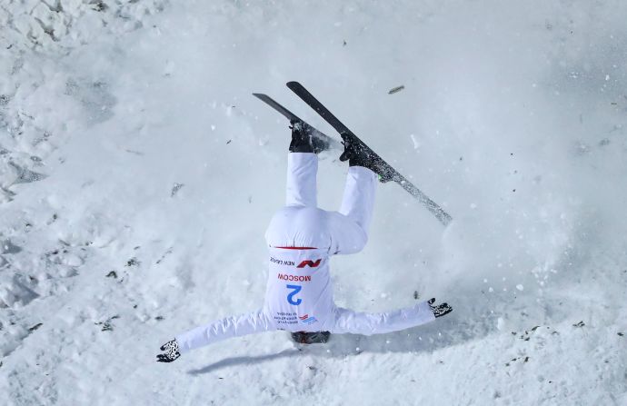 Guangpu Qi of China crashes during the men's aerials competition at the FIS Freestyle Skiing World Cup in Moscow, Russia, on Saturday, February 15.