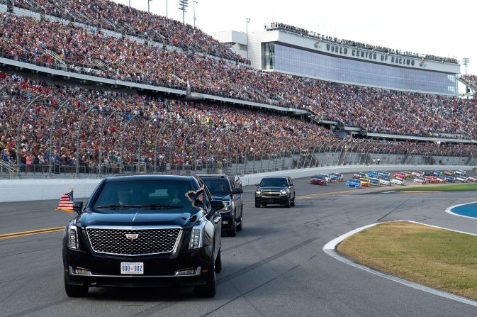 President Donald Trump and first lady Melania Trump take a lap around Daytona International Speedway in the presidential limousine ahead of the <a target="_blank">Daytona 500</a> on Sunday, February 16. Trump served as the Grand Marshal of the race and is the second American president to do so, behind George W. Bush who attended the race in 2004.