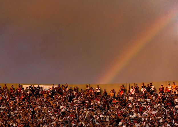 A rainbow appears behind Antonio Vespucio Liberti stadium in Bueno Aires, Argentina, during a soccer match between River Plate and Banfield on February 16.