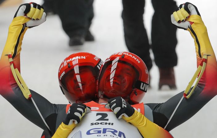 Toni Eggert and Sascha Benecken of Germany celebrate their gold medal win during the men's doubles final at the FIL Luge World Championships in Sochi, Russia, on February 15.