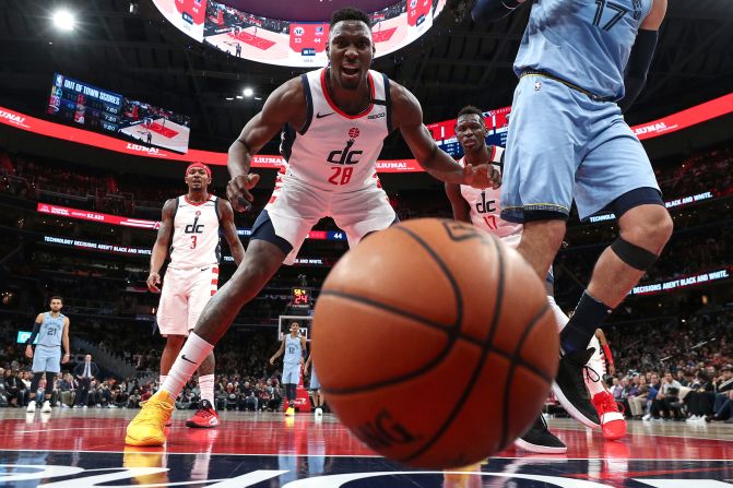 Ian Mahinmi of the Washington Wizards watches the ball bounce out of bounds during an NBA basketball game against the Memphis Grizzlies on February 9.