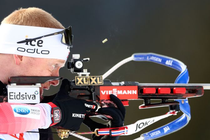 Norway's Johannes Thingnes Boe warms up before the start of the mixed 4x6 km relay competition at the Biathalon World Championships in Antholz, Italy, on February 13.