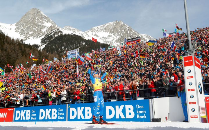 Dorothea Wierer celebrates winning the Women's 10 km Pursuit Competition at the 2020 Biathalon World Championships in Antholz, Italy, February 16.