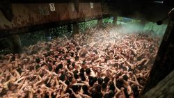 OKAYAMA, JAPAN - FEBRUARY 15: Approximately 10,000 men in loincloths try to snatch a lucky wooden stick during the 'Eyo' naked festival at Saidaiji Temple on February 15, 2020 in Okayama, Japan. After all the lights were turned off, the chief priest tossed a pair of 20-centimetre-long "shingi" sacred sticks from a window 4 meters above ground into the massive throng. Those who left the temple grounds holding the shingi are considered "lucky men" of this year. The Saidaiji-eyo festival, said to date to the Muromachi Period (1338-1573). (Photo by The Asahi Shimbun via Getty Images )