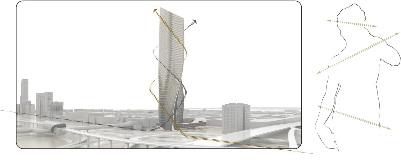 The tower design was inspired by the asymmetrical, "contrapposto" pose commonly used in classical sculpture.