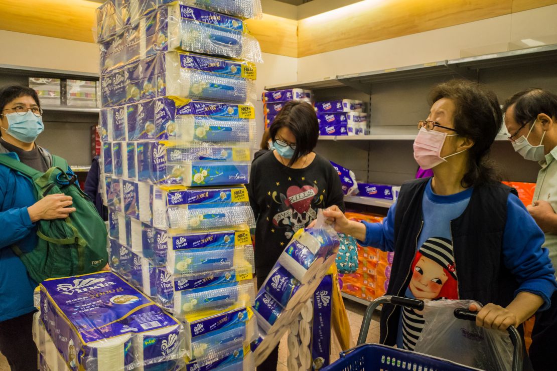 Hong Kong residents buying toilet rolls amid fears of shortages on February 11, 2020.