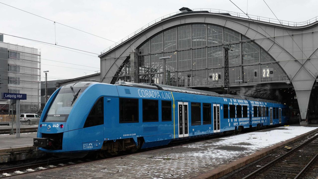 A hydrogen-powered train made by Alstom arrives at the station of Leipzig, Germany.