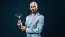 BERLIN, GERMANY - FEBRUARY 17:  Laureus World Sportsman of the Year winner Lewis Hamilton poses with his award during the 2020 Laureus World Sports Awards on February 17, 2020 in Berlin, Germany. (Photo by Simon Hofmann/Getty Images for Laureus)