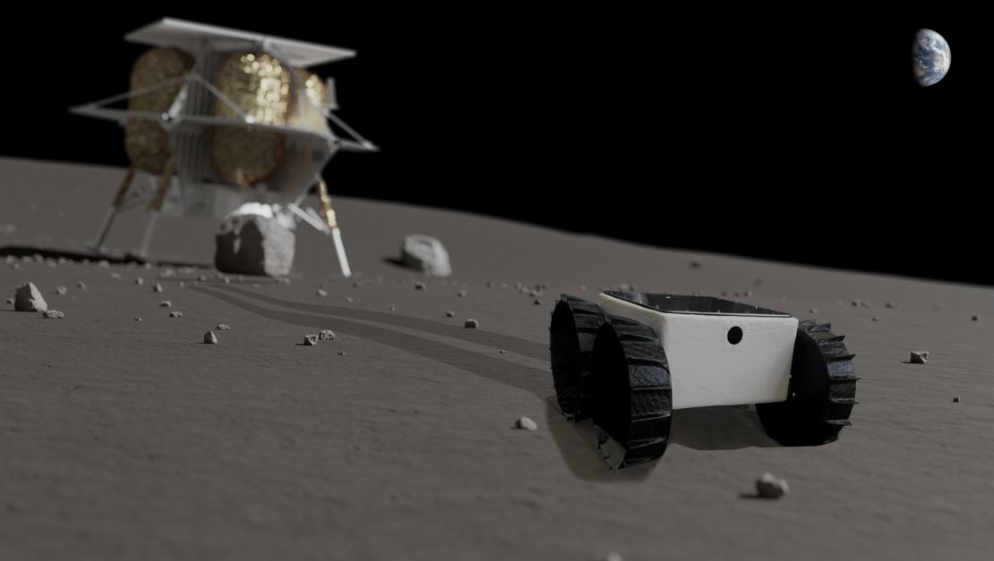 This illustration shows the Andy rover on the lunar surface with the Peregrine lander behind it.