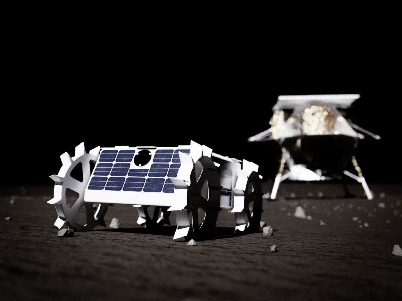 This illustration shows the Andy rover and Peregrine lander behind it, which will deliver MoonArk to the lunar surface. The hope is that future explorers find it hundreds or thousands of years from now. 