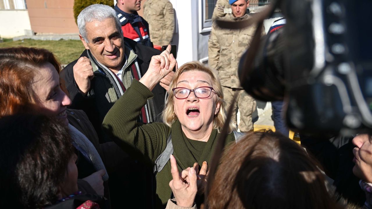 Members of the Taksim Solidarity Platform celebrate outside the courthouse in Silivri on Tuesday.