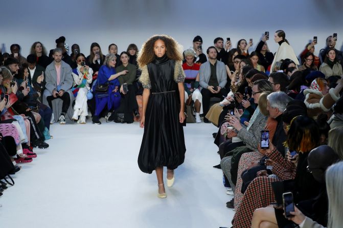 A model walks the runway at the JW Anderson, which featured strong silhouettes.