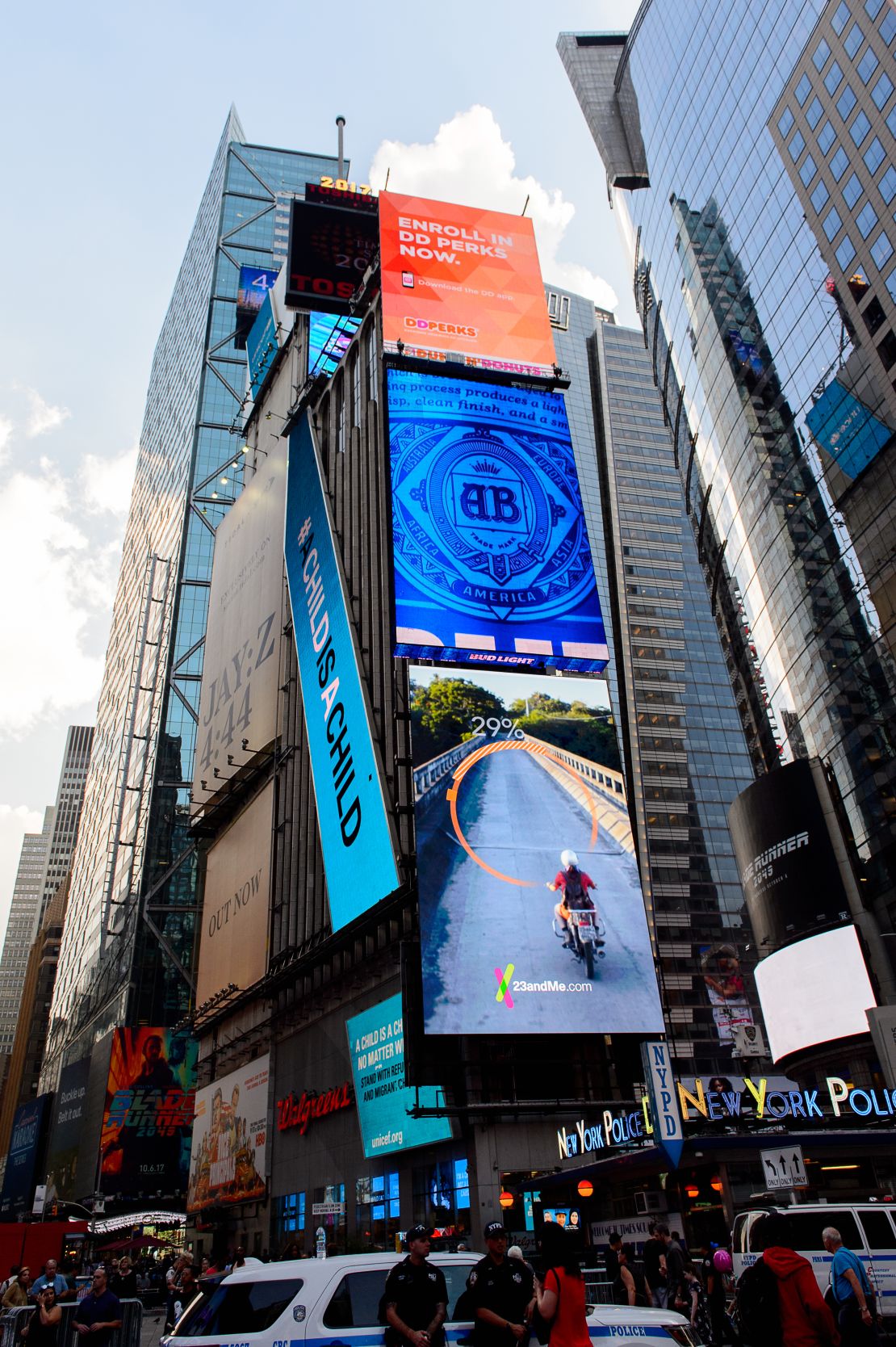 The One Times Square Building is covered in enormous LED screens.