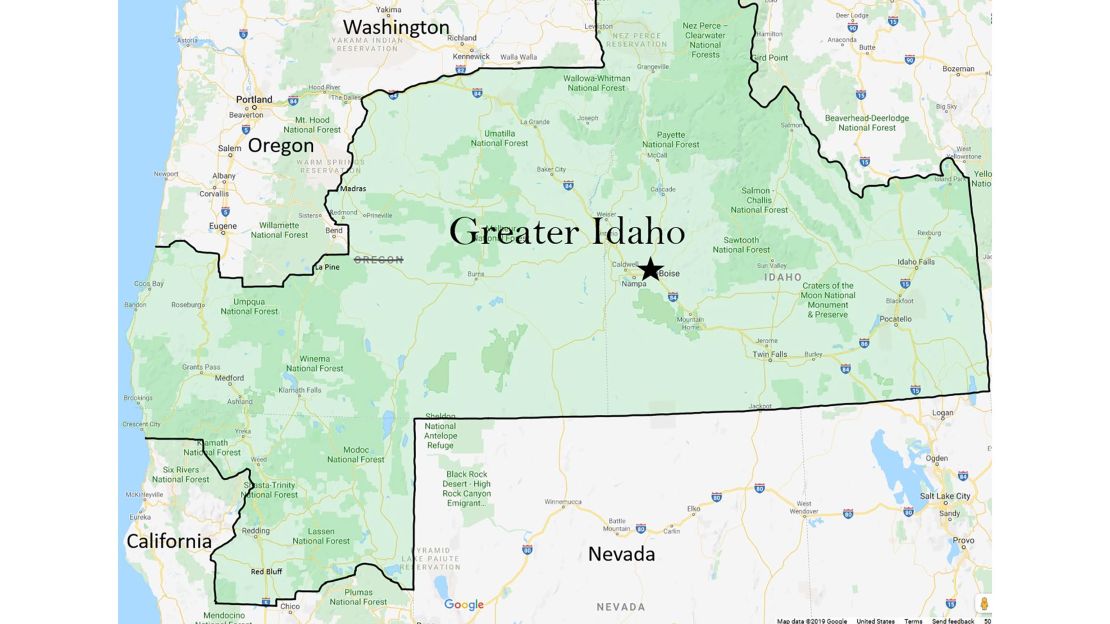 This map, courtesy of the group Greater Idaho, details the proposed boundary adjustment, adding counties from Oregon and California.