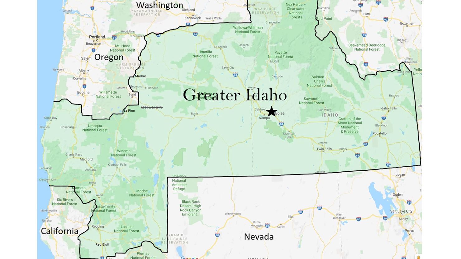 This map, courtesy of the group Greater Idaho, details the proposed boundary adjustment, adding counties from Oregon and California.