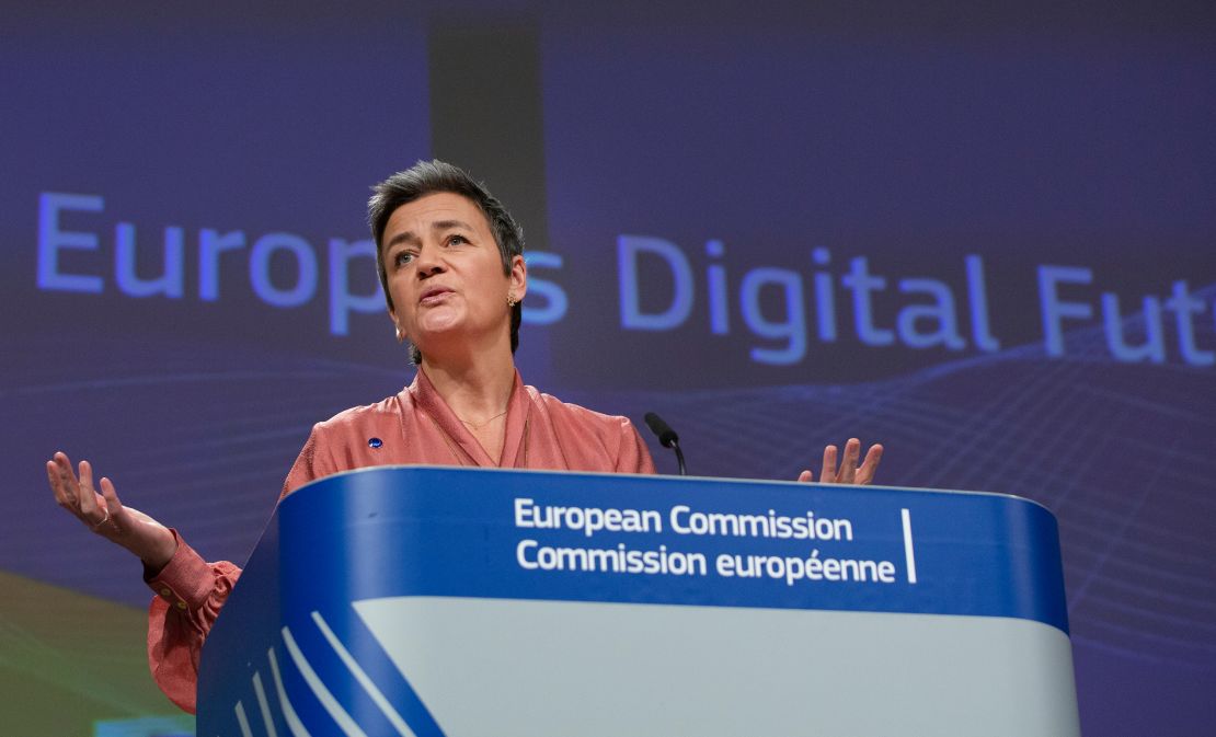 EU Commissioner Margrethe Vestager speaks at a press conference following the release of the bloc's strategy on data and a white paper on artificial intelligence.