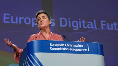 EU Commissioner Margrethe Vestager speaks at a press conference following the release of the bloc's strategy on data and a white paper on artificial intelligence.