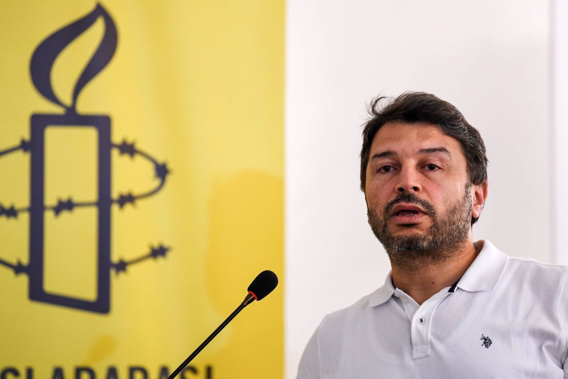 Amnesty International Turkey's Honorary Chair, Taner Kilic, pictured during a speech in Istanbul, 2018.