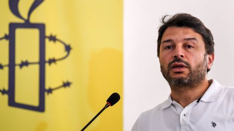 Amnesty International Turkey's Honorary Chair, Taner Kilic, pictured during a speech in Istanbul, 2018.