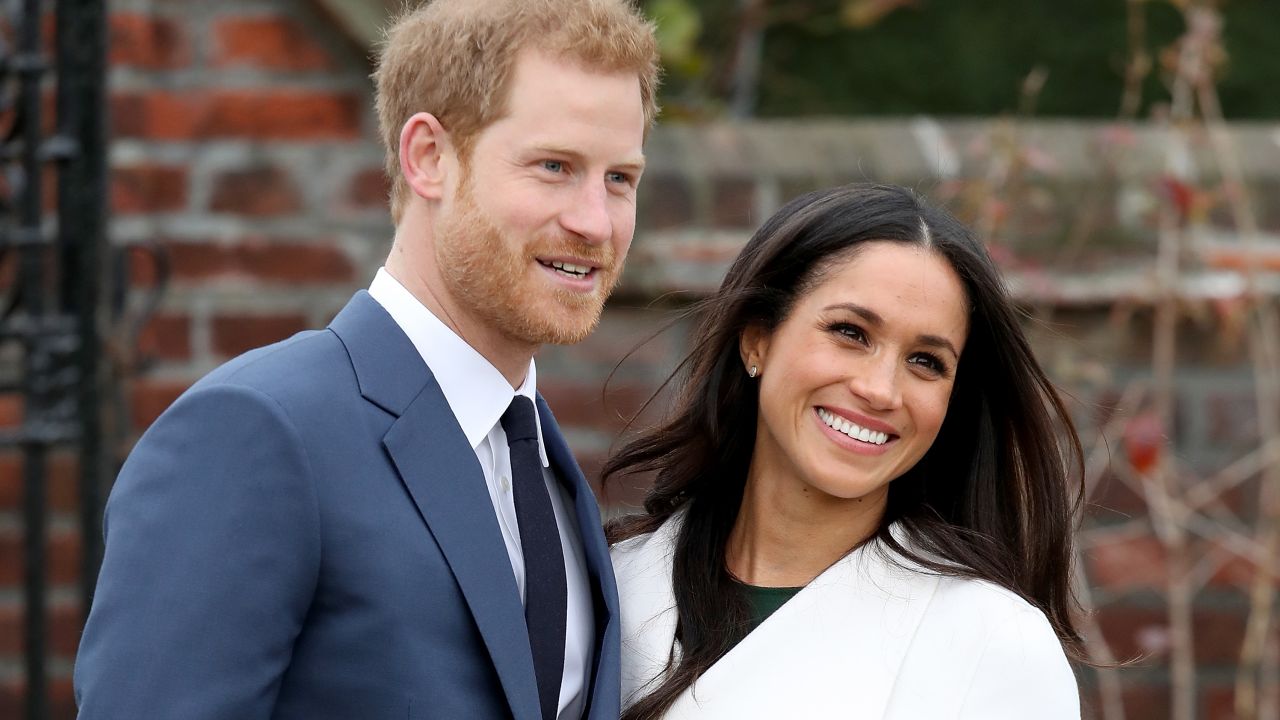 Prince Harry and Meghan announcing their engagement at Kensington Palace on November 27, 2017 in London.