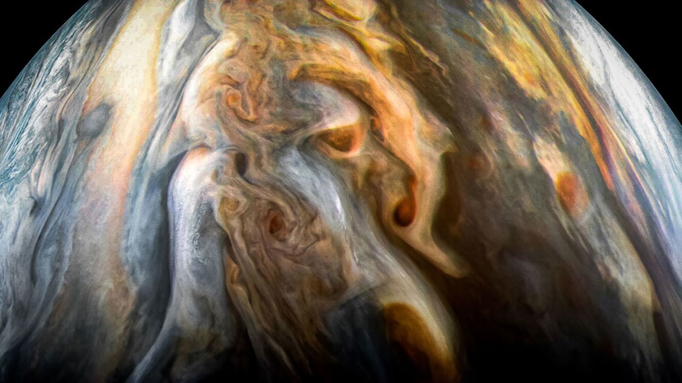 Part of Jupiter's southern equatorial region can be seen in this image captured by Juno's JunoCam imager. But it's flipped to show the expanse of Jupiter's atmosphere, with the poles to the left and right, rather than top to bottom.